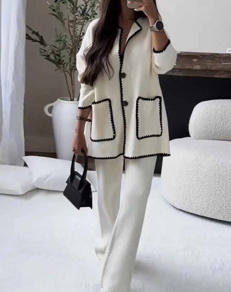Elegant blazer jacket for women with contrasting details and loose pants Lune London
