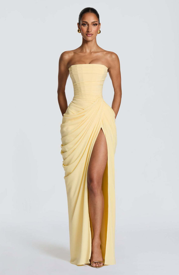 Ladies Elegant Long Sleeve Evening Dress with Asymmetric Draping and Narrow Slit