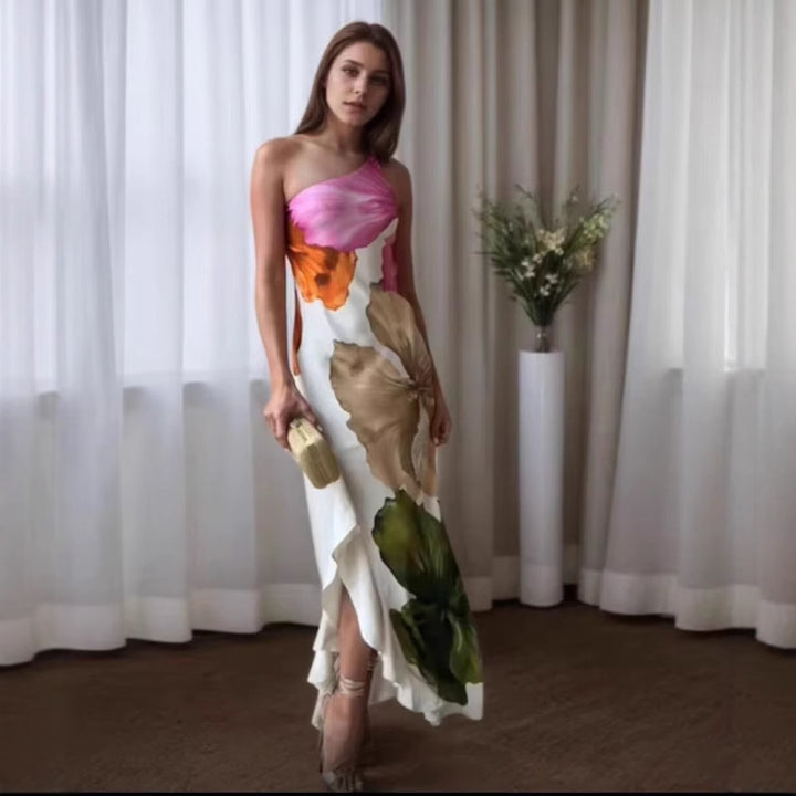 Maxi dress for women with asymmetric cut and floral design Lune London