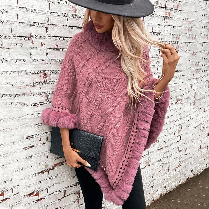 Ladies cozy knit poncho with plush velvet trim Lune London