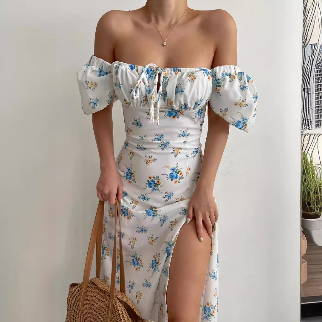 Floral print maxi dress for women with puff sleeves and high slit Chic & Stil
