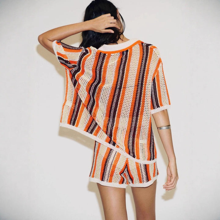 Thick knit shirt for women with short sleeves and contrasting stripes Lune London