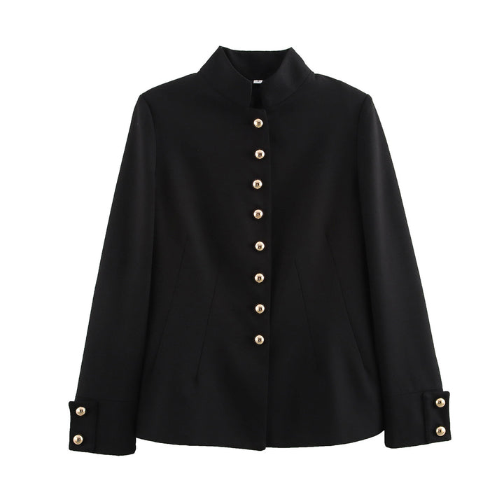 Elegant women's quilted jacket with high collar and gold buttons Lune London