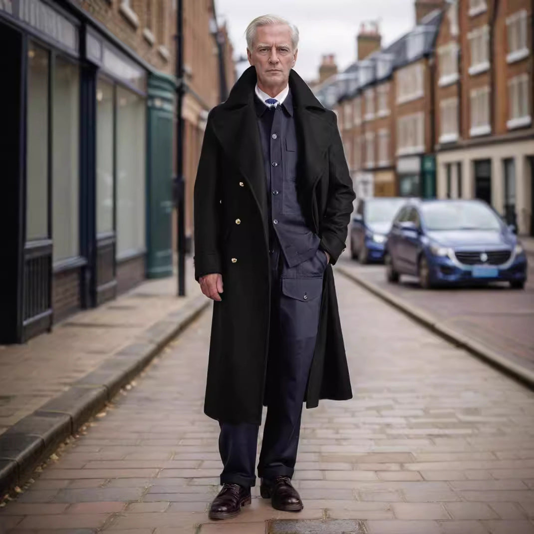 Elegant long coat for men with high-quality finish and double-breasted Lune London