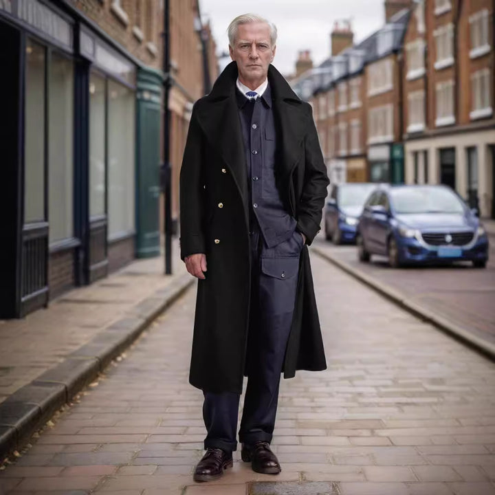 Elegant long coat for men with high-quality finish and double-breasted Lune London