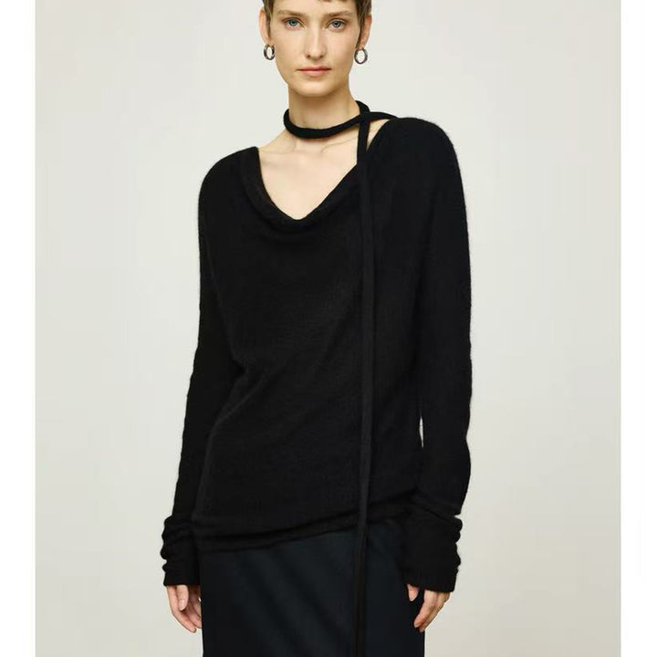 Ladies Elegant Knit Top with Open Neckline and Tie Lune London