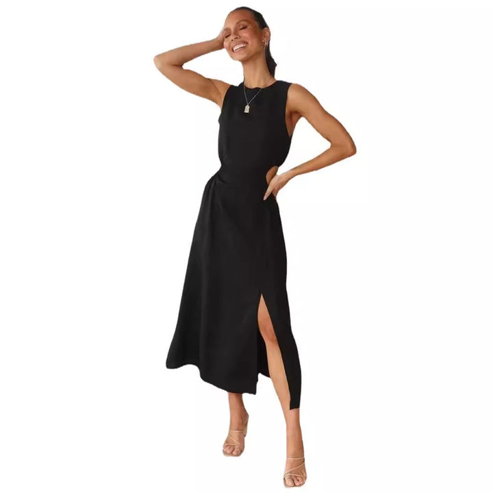 Elegant midi dress for women with high side slit and tasteful ruffle element Chic & Stil