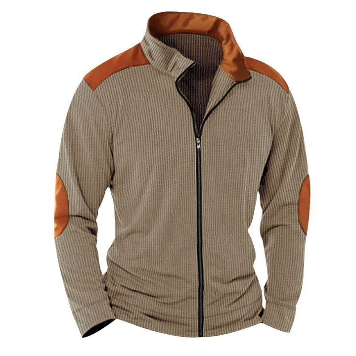 Quilted jacket for men with high collar and leather applications Lune London