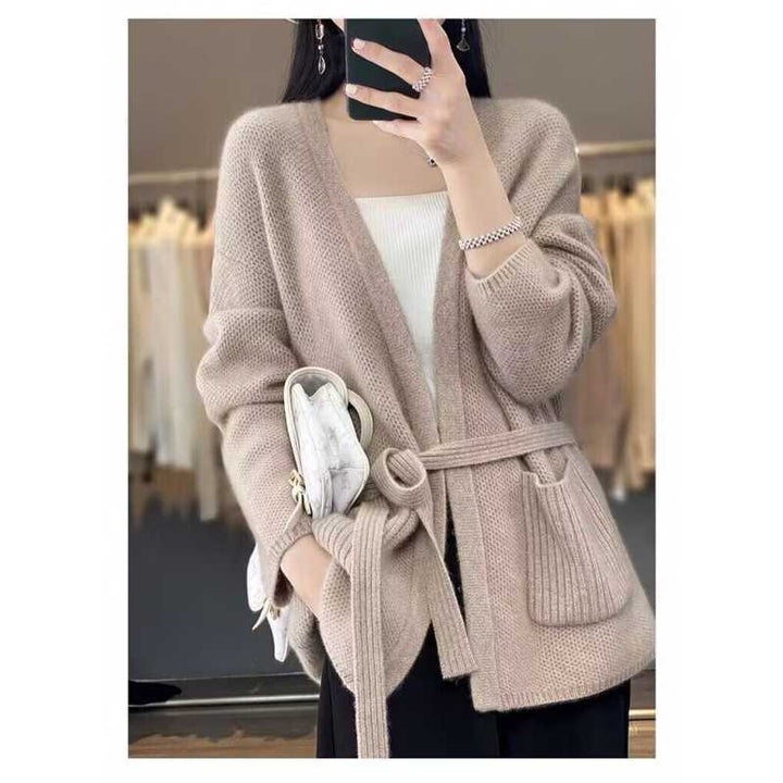 Women comfortable knit coat with belted waist and pockets Lune London