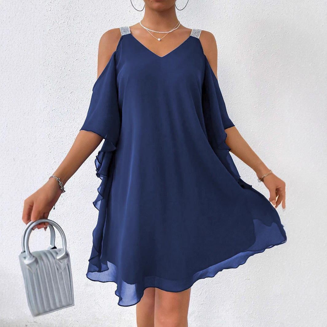 Asymmetrical V-neck dress with off-the-shoulder Lune London
