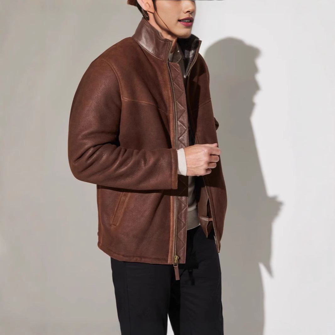 Men's Robust Leather Jacket with Quilted Details and High Collar Lune London