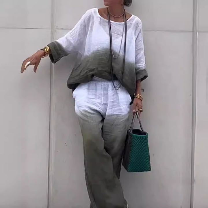 Casual linen outfit for women with wide pants and loose blouse Lune London