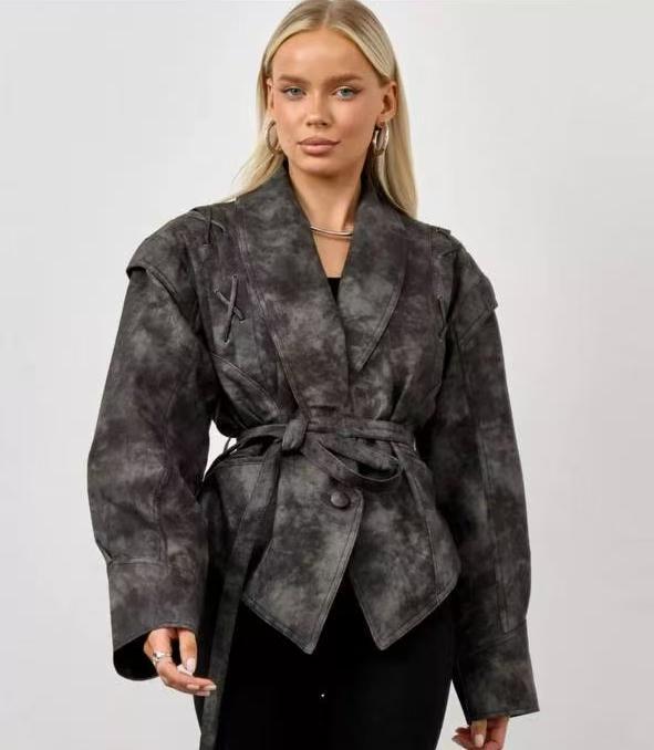 Feminine suede leather jacket with fitted cut and tie belt Lune London