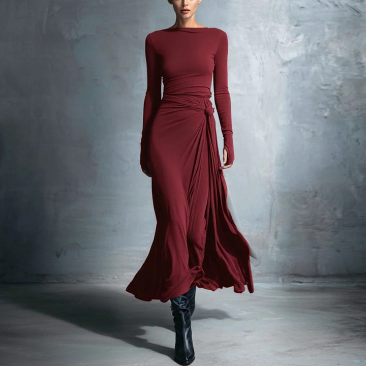 Women's elegant evening dress with long sleeves and wrap design Lune London