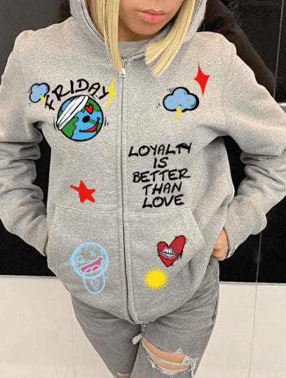 Women's hooded jacket with colorful graphic design and trendy applications Lune London
