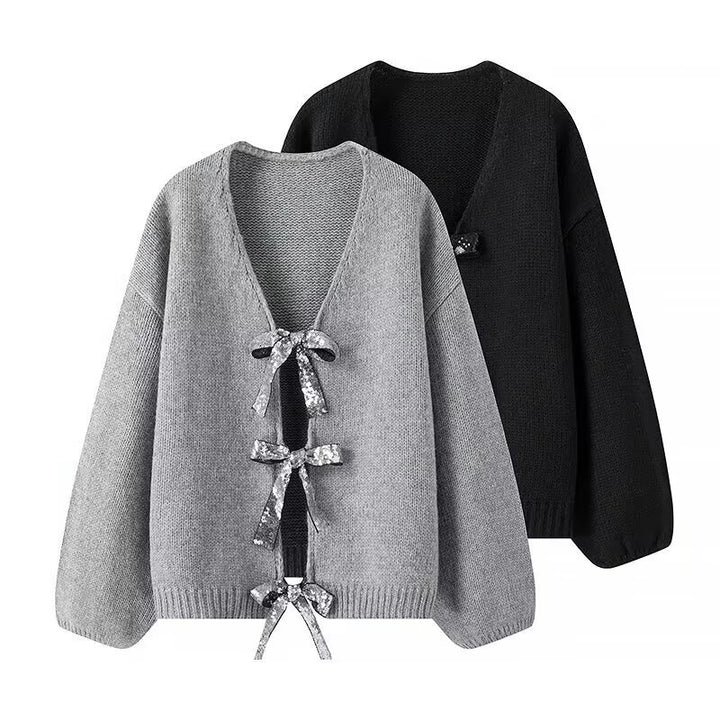 Cardigan en tricot stylé pour femme avec des nœuds glamours sur le bas
