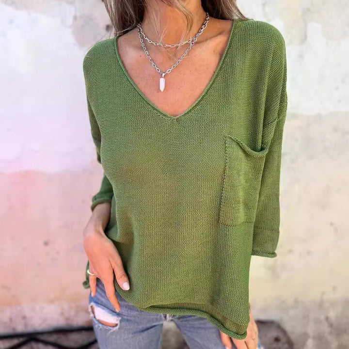 Pull-over V à col en V pour femmes avec poche pratique Lune London