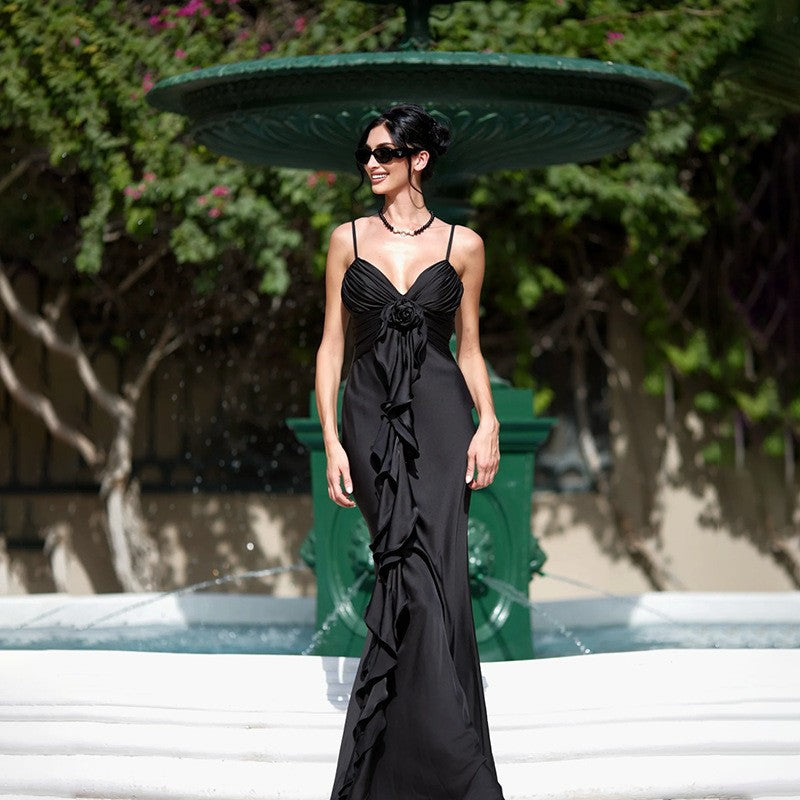 Elegant satin evening dress with ruffles for ladies Lune London