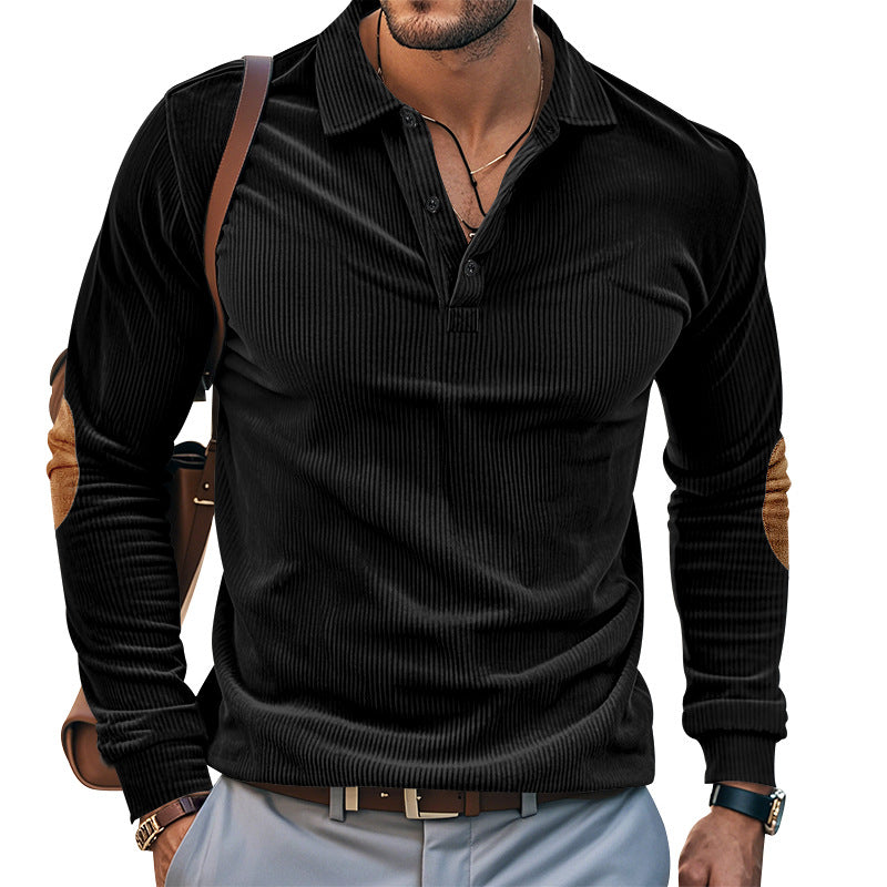 Casual long sleeve Henley T-shirt for men in textured ribbed fabric with contrasting elbow patches Lune London