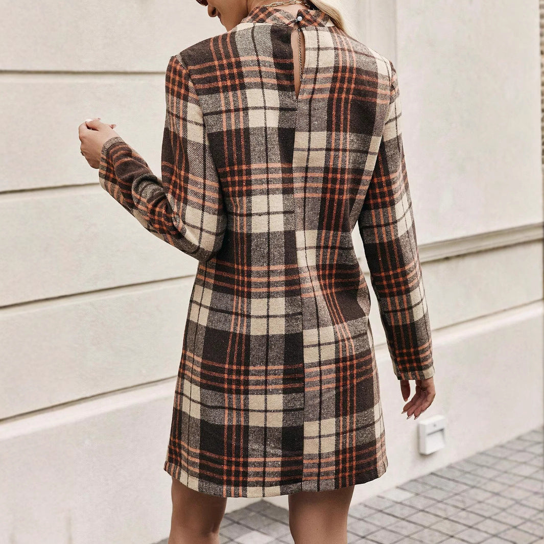 Plaid mini dress for women with high collar and slim silhouette Lune London