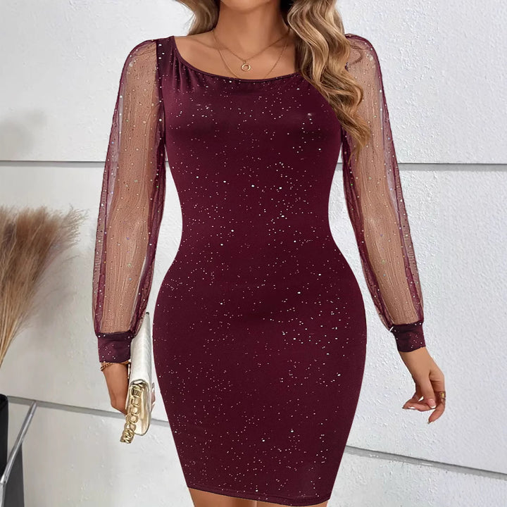 Fitted evening dress for women with sheer sleeves and chic shiny accents