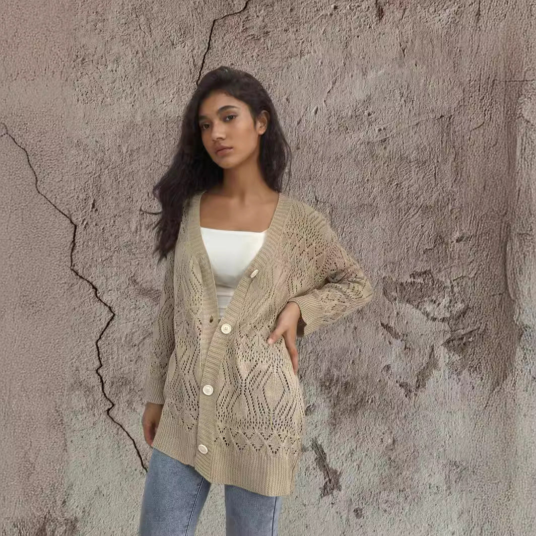 Knitted cardigan for women with airy patterns and button details Lune London