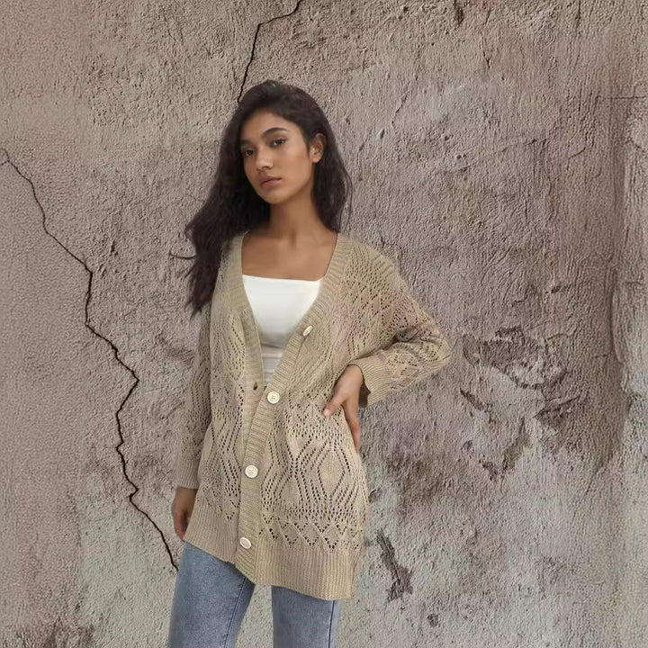 Knitted cardigan for women with airy patterns and button details Lune London