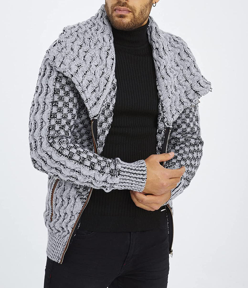 Fashion knit jacket for men with asymmetric zipper and unique cable pattern Lune London