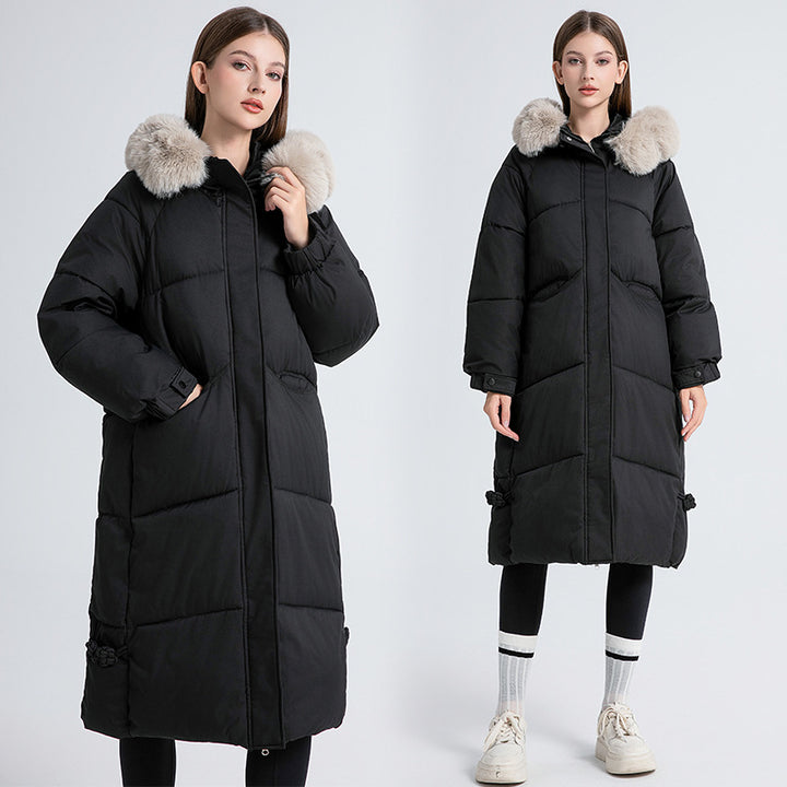 Long winter coat for women lined with removable faux fur collar and practical drawstrings Lune London
