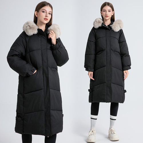 Long winter coat for women lined with removable faux fur collar and practical drawstrings Lune London