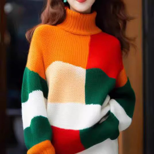 Chunky knitted sweater with turtleneck and bright color block design Lune London