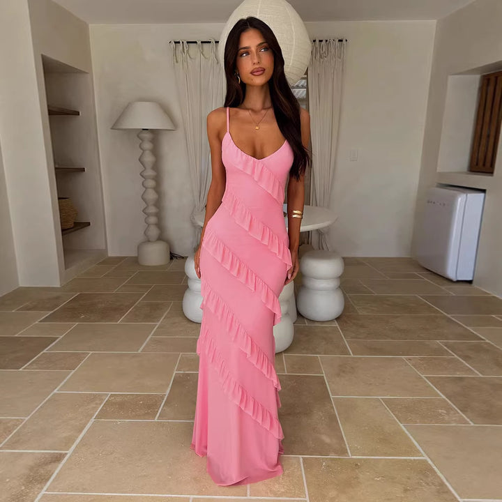 Women's maxi dress with elegant ruffle design and adjustable straps Lune London