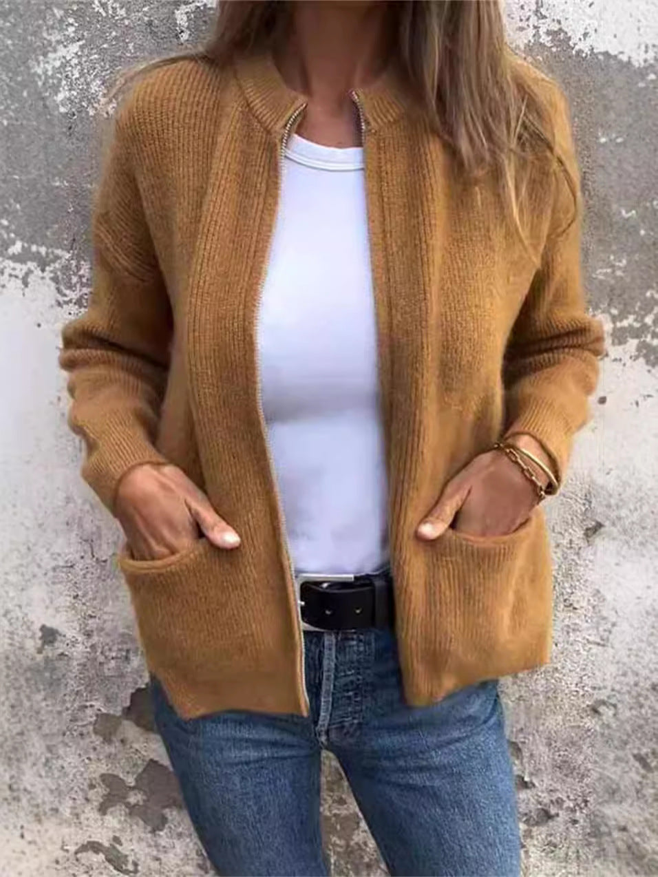 Lune London | Jacket with zipper - ribbed knit - loose fit - stand-up collar - practical pockets