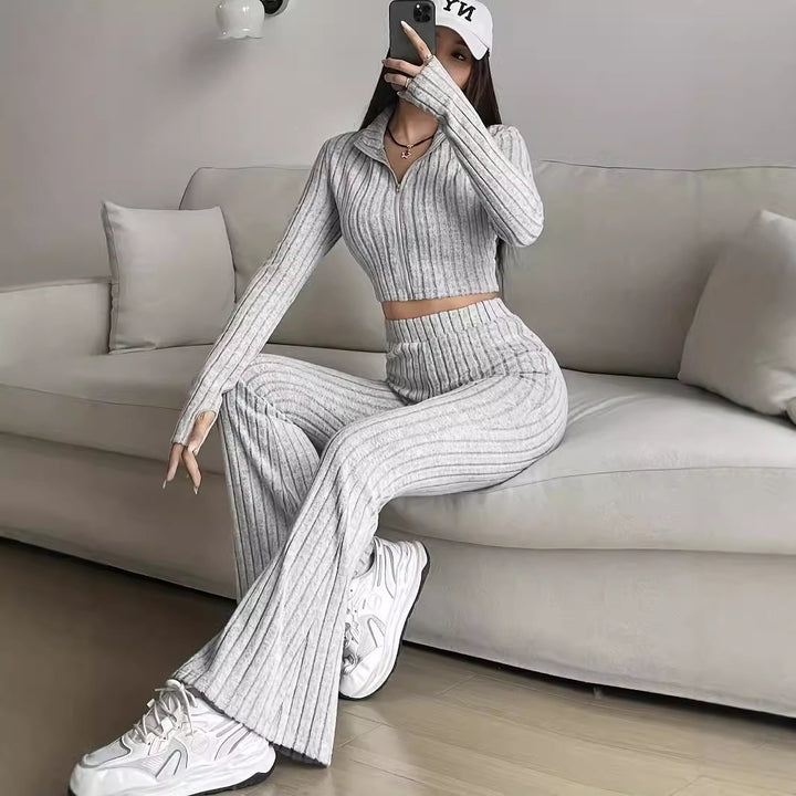Modern knit set for ladies with cropped top and wide pants Lune London