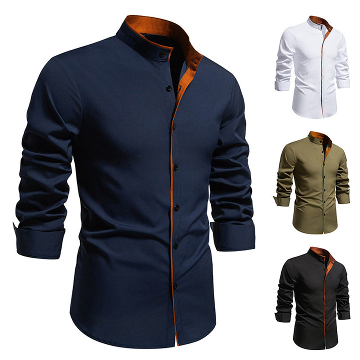 Men's long sleeve shirt with modern stand-up collar and embroidered details Lune London
