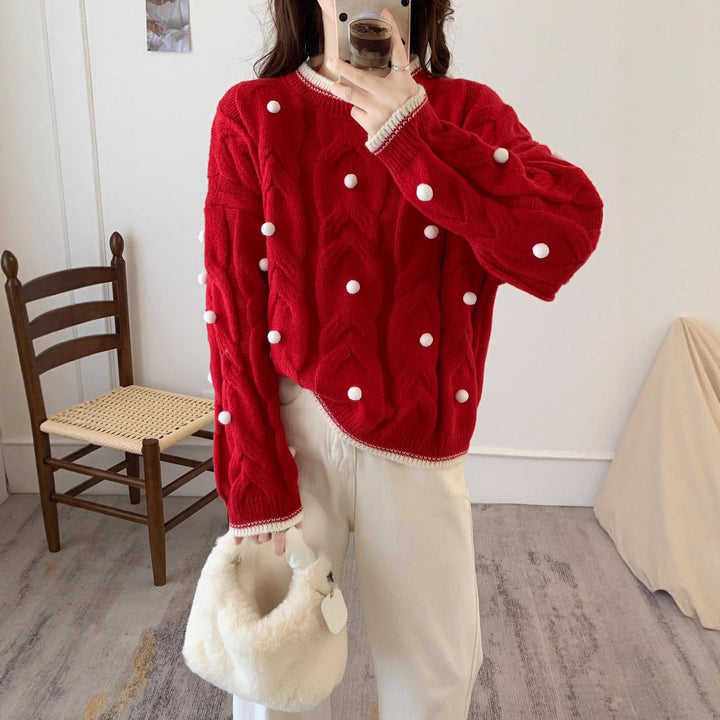 Pull en maille pour femmes avec texture en double câble et pompons décoratifs Chic & Stil