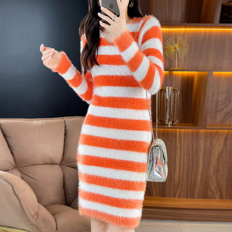 Knit dress for women with a trendy striped pattern and a deep V-neck Lune London