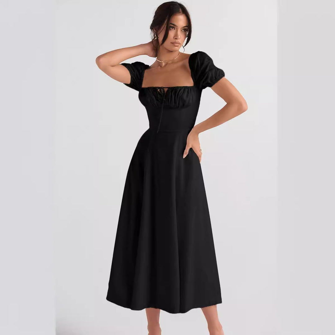 Elegant Midi Dress for Women with Puff Sleeves and Chic Refined Neckline & Style