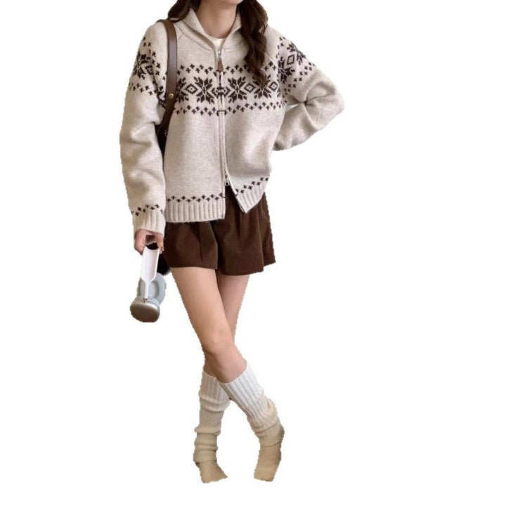 Cardigan pour femmes avec motif norvégien traditionnel et détails de zip élégants Chic & Stil