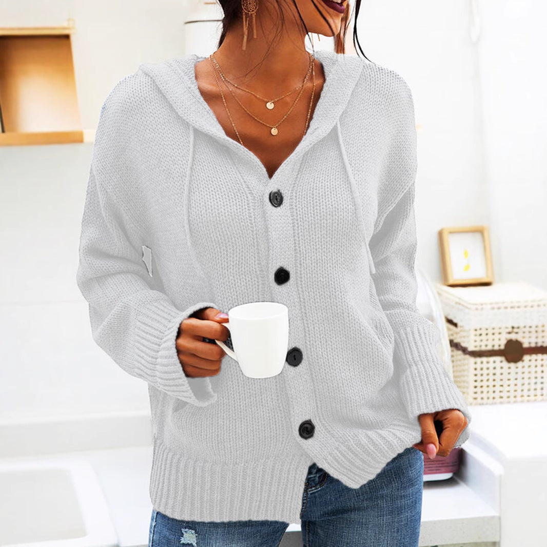 Women's knitted jacket with hood and buttons in a casual chic style