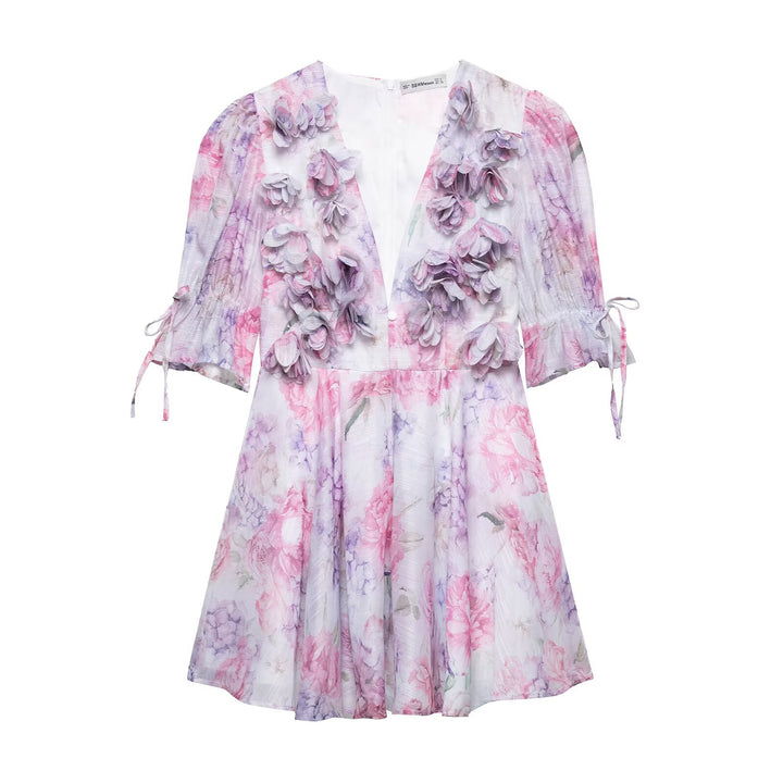 Playful summer dress for women with a chic floral 3D application design