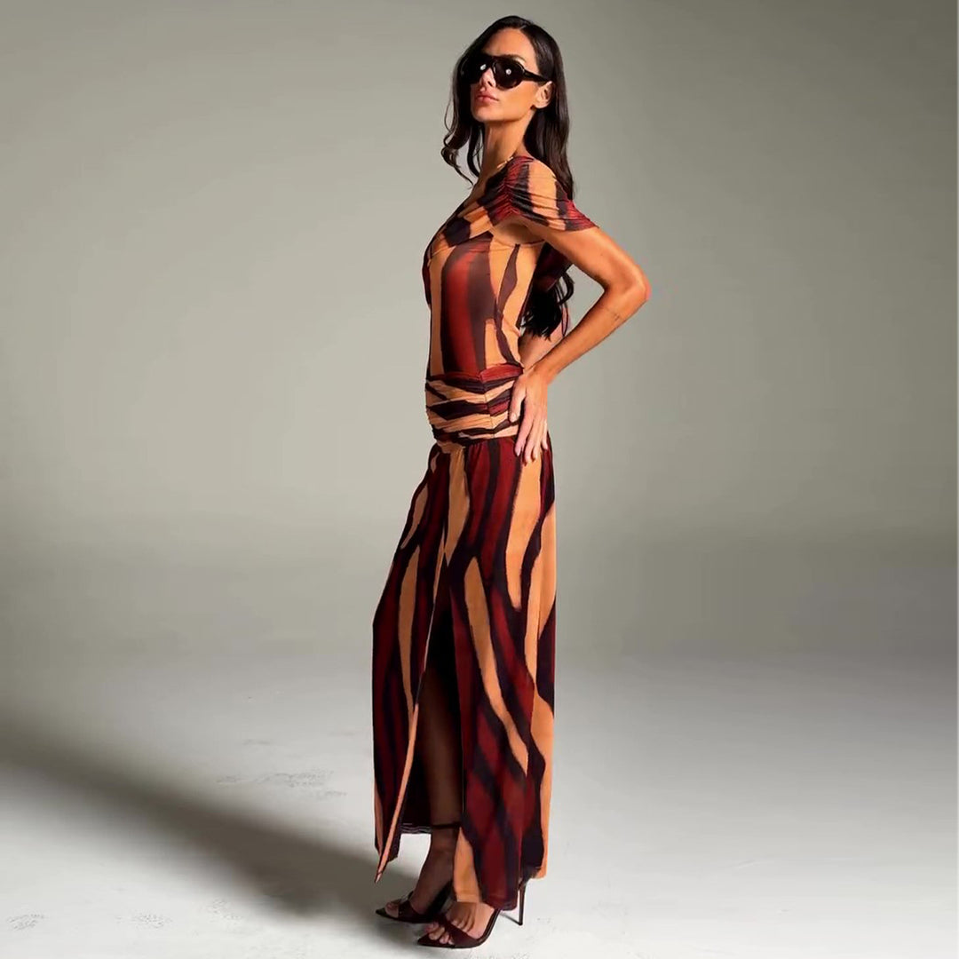 Women's maxi dress with asymmetric cut and exciting graphic design