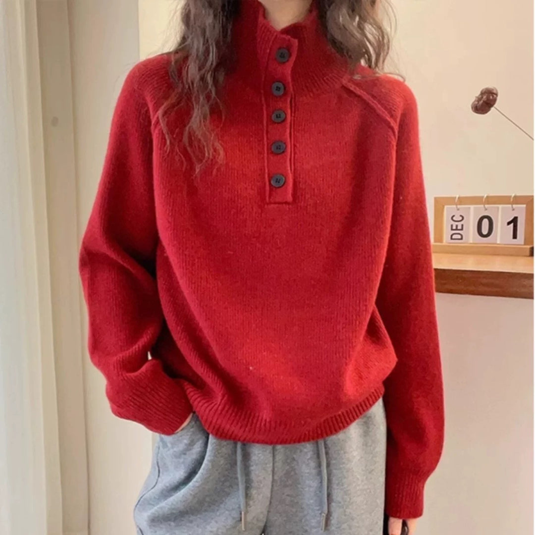 Pull en maille épaisse pour femmes avec col haut et boutons décoratifs Chic & Stil