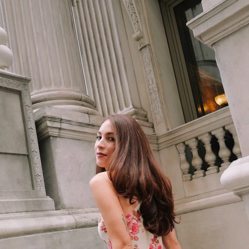 Maxi dress for women with asymmetric cut and floral pattern Lune London