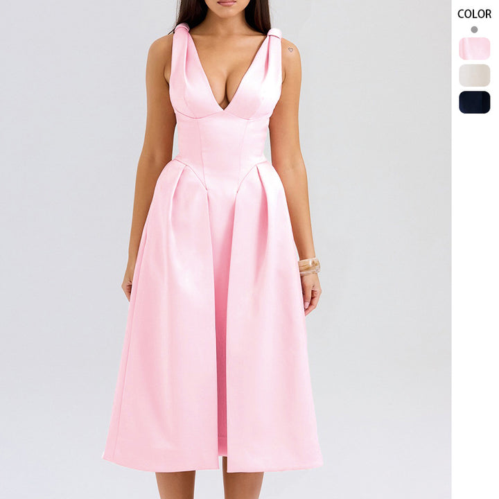 Elegant Midi Dress for Women with Dreamy V-Neck and Chic Elegant Pleats