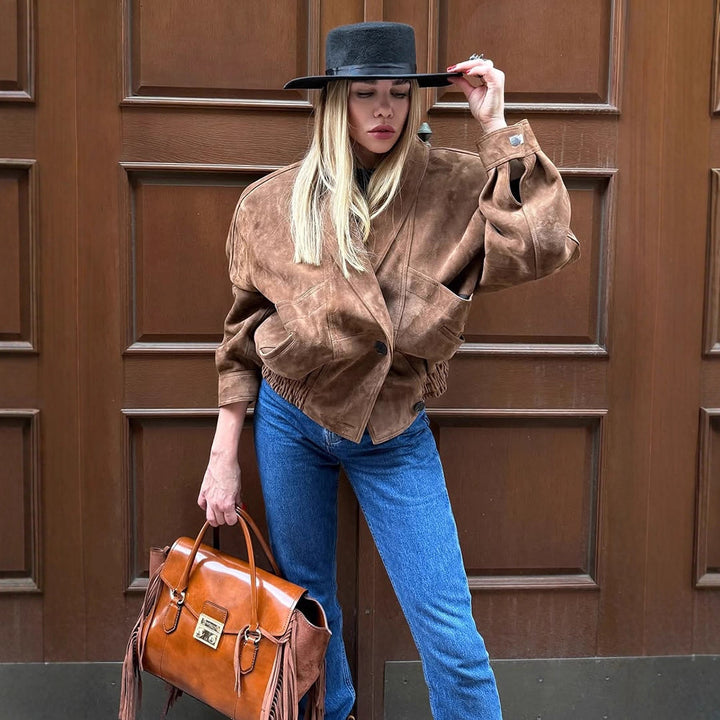 Oversized suede leather jacket for women with a modern cut and practical pockets Lune London