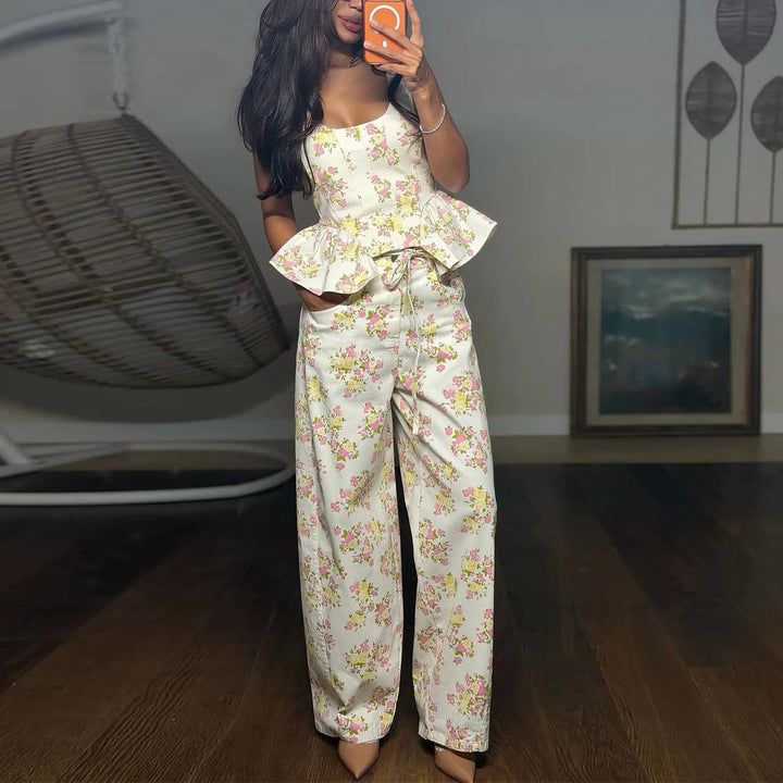 Women's Two-Piece Set with Floral Top and Wide-Leg Pants