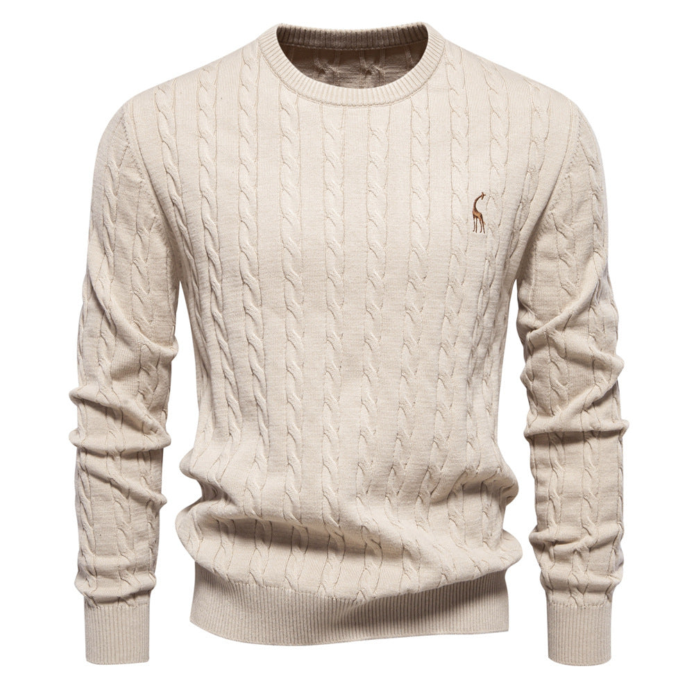 Men's Knitted Sweater with Cable Pattern and Round Neck Lune London