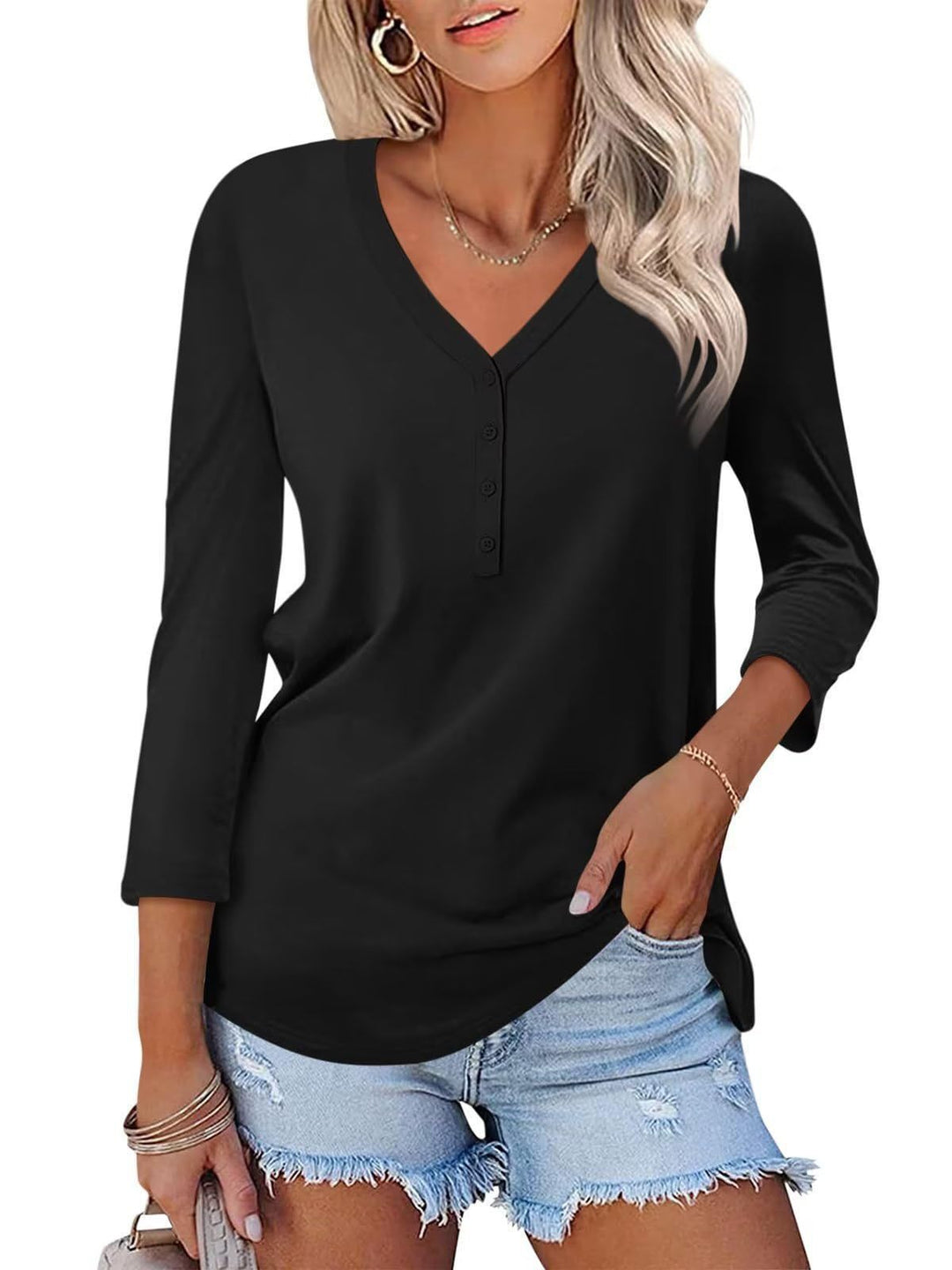 Women's Long Sleeve Shirt with Button Placket and V-Neck Chic & Stil