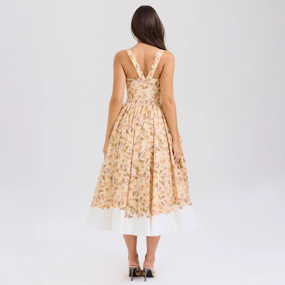 Chic & Stil Elegant Floral Pattern Midi Dress with Fine Straps